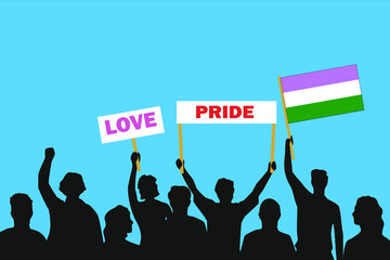 Vector illustration of the crowd that is expressing its attitude regarding to Genderqueer pride on white background. Love and Pride posters.