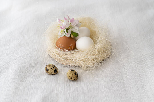 Easter concept. Easter decoration with hens and quail eggs in natural color on a white background