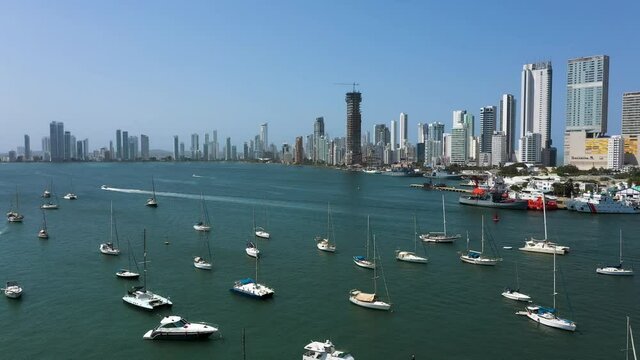 Yacht parking in the Cartagena Bay Colombia aerial view.