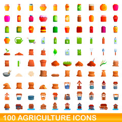 Fototapeta premium 100 agriculture icons set. Cartoon illustration of 100 agriculture icons vector set isolated on white background