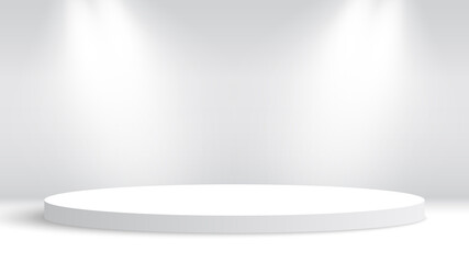 White round podium and spotlights. Pedestal. Vector illustration. - obrazy, fototapety, plakaty