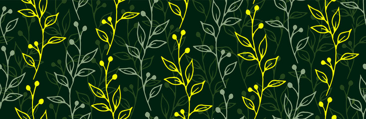 Berry bush sprouts botanical vector seamless pattern. Vintage herbal textile print. Grass plants foliage and buds illustration. Berry bush sprigs flat seamless pattern