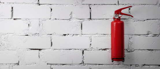 red fire extinguisher hanging on white brick wall. banner copy space - obrazy, fototapety, plakaty