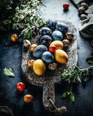 assortment of Easter dyed eggs on shabby vintage background, festive gift card