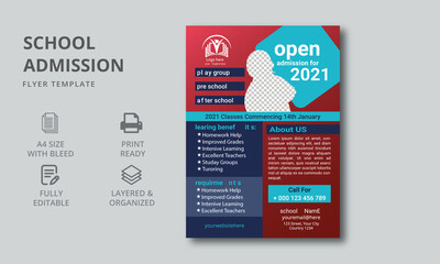 School Admission Flyer Design Template. Multicolored School Flyer Layout. Vector page layouts for magazines, annual reports, advertising posters.