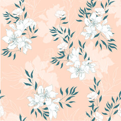 Gentle pink floral print, vector seamless pattern of spring flowers of almonds and daisies. Texture for fabrics, lashes, bedding.