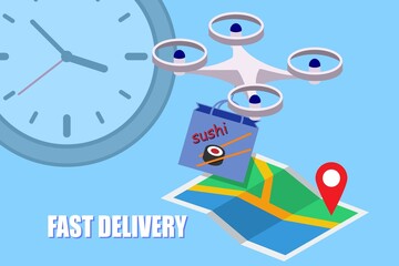 Fast quadcopter delivery sushi in a package, food delivery concept illustration, quadcopter control, delivery anywhere in the city. Vector EPS10