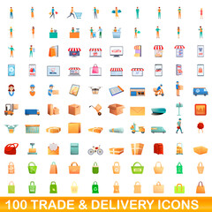 100 trade and delivery icons set. Cartoon illustration of 100 trade and delivery icons vector set isolated on white background