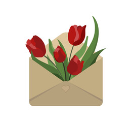 Bouquet of red tulips flowers in an envelope. Spring illustration for your design and greetings, postcards card for your loved ones