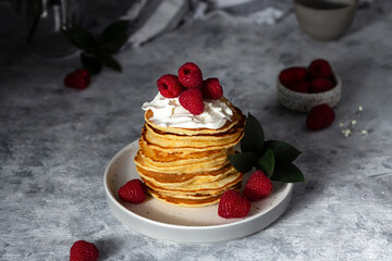 pancakes with fresh raspberry and sour cream