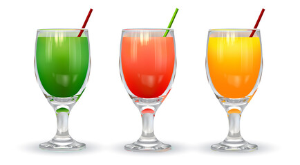 Set of three glasses with different fruit and tropical juices (orange, strawberry, kiwi) on a white background. Vector.