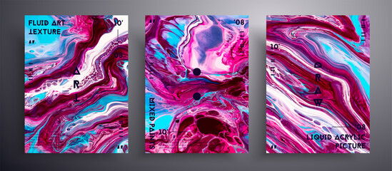 Abstract liquid banner, fluid art vector texture pack.Trendy background that can be used for design cover, invitation, flyer and etc. Blue, wine, pink and white unusual creative surface template - 412526802