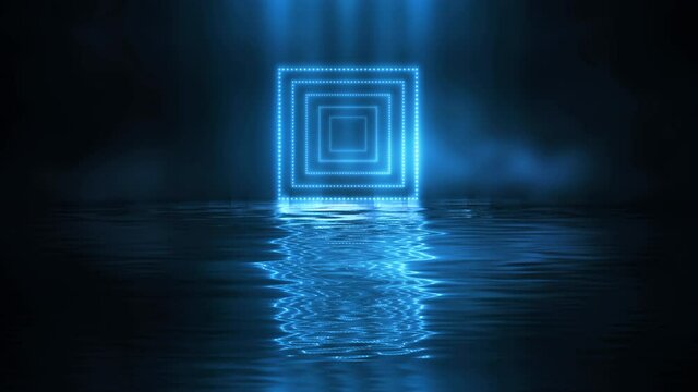 Abstract neon blue futuristic background. A square made of diode lamps. Reflection of neon light in water, movement of liquid waves. Night futuristic scene, geometric shapes. 