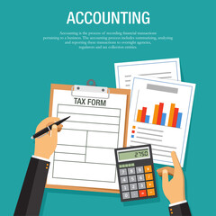 Vector illustration of office table top view of an accountant calculating tax. Suitable for backgrounds from corporate finance, taxation, and financial planning.  Tax form illustration.