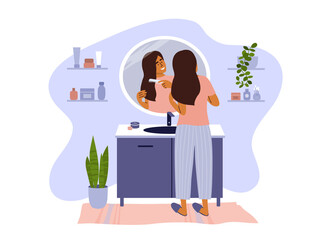 Scene of daily morning or evening routine. Female standing in bathroom combing hair looking at reflection mirror. Young woman making hairstyle by comb. Beauty, self care. Lifestyle vector illustration