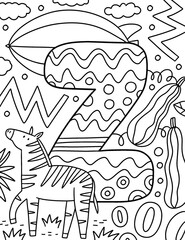 Coloring page Alphabet for kids with cute characters in doodle style. ABC coloring page - letter