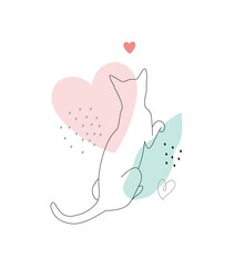 Cat contour silhouette with abstract leaves and hearts on white background. Contemporary art poster, card or print design with vector feline illustration