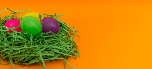 Four Colorful Easter Eggs Sitting in Green nest or Grass