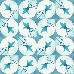 Scandinavian tiles with an abstract and chaotic arrangement of a geometric pattern, circle, buds, blue-green shades, watercolor illustration