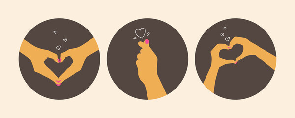 Heart shaped hands. Round icons of love and romance concept. Social media covers. Vector flat isolated illustrations for design.