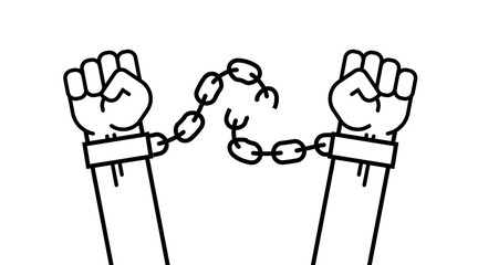 Many a man s fist, broken chains, shackles. Vector Isolated line illustration human hands raised up, art concept of resistance, strength, majority, fight, defending rights of society.
