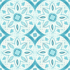 scandinavian tiles with abstract geometric pattern, circle, stars, symmetry, blue-green shades, watercolor illustration