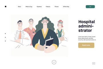 Medical insurance illustration -hospital administrator -modern flat vector concept digital illustration - a female hospital administrator with a team of doctors concept, medical office or laboratory
