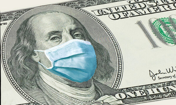 $ 100 bills with Benjamin Franklin in a medical mask. coronavirus epidemics in the United States. impact of the coronavirus epidemic on the United States economy. impact of the coronavirus epidemic on