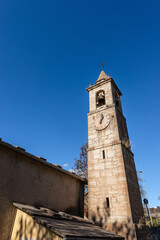 Obraz premium Ancient Bell Tower (1909) of the Church of San Carlo Borromeo in the small village of Camposilvano, Velo Veronese municipality, Lessinia Plateau, Verona province, Veneto, Italy, Europe.