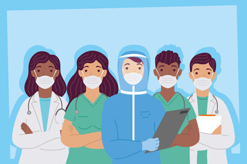 group of interracial doctors staff wearing medical masks