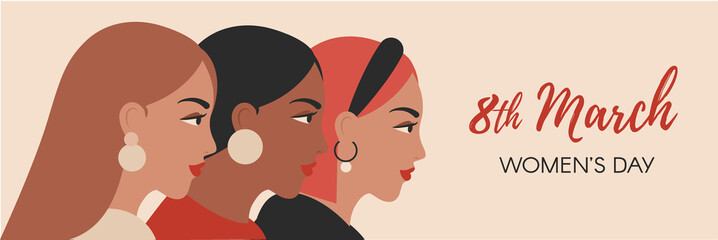 Vector banner for Women's Day. 8 march international womens day flyer with female portraits in minimal style. Cultural diversity concept with girl profiles - 412531661