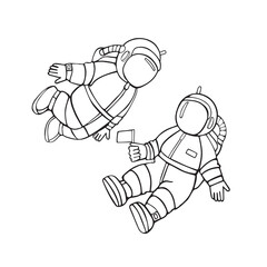 Two children of an astronaut. Cartoon linear vector hand drawing icons isolated on white background.