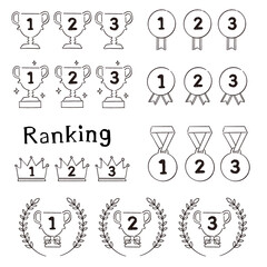 ランキング　トロフィー・メダルの手描き線画イラストセット
