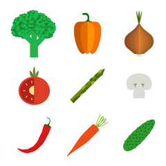 Set of vegetables. Fresh food, healthy vegan eating concept. Broccoli, pepper, onion, asparagus, champignon, chilli pepper, carrot, cucumber. Vector illustration