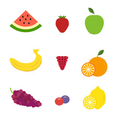 Set of organic tropical fruit. Fresh food, healthy eating concept. Apple, lemon, orange, strawberry, raspberry, blueberry, watermelon, grape, banana. Vector illustration