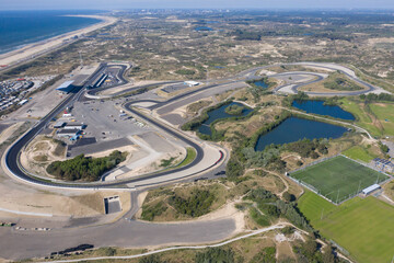 Drone view of the renewed formula 1 circuit Zandvoort.
Next year will be the first Formula 1 race after 35 years. This has been postponed for the Covid virus - obrazy, fototapety, plakaty