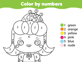 Coloring page for kids. Educational children game. Cute princess girl Color by numbers activity