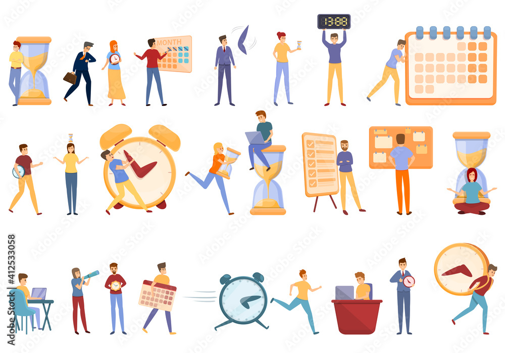 Poster time management icons set. cartoon set of time management vector icons for web design