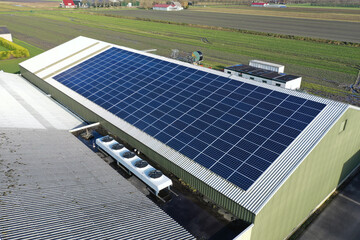 Flower bulb company with solar panels in a row on a roof. Photo taken with a drone