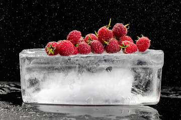 Fresh raspberry on big ice cube 