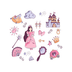 A set of fabulous elements for a little girl. Princess, carriage, castle, magic wand, slipper, mirror, cloud. Vector illustration in flat style for baby design