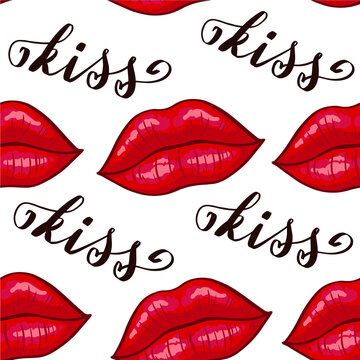 Lips seamless pattern on white background. Sexy red kiss, makeup. Vector illustration. Colorful cartoon style. Desing for textile, clothes.