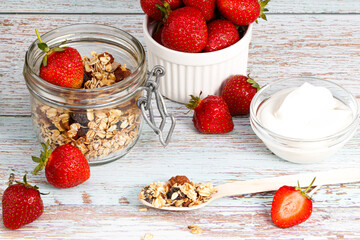 Granola and strawberries. Proper nutrition. Healthy Breakfast