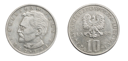 ten Polish zloty coin on a white isolated background