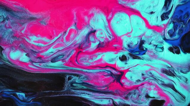 Fluid art painting video, trendy acryl texture with flowing effect. Liquid paint mixing backdrop with splash and swirl. Detailed background motion with pink, aquamarine and black overflowing colors