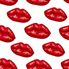 Lips seamless pattern on white background in pop art style. Sexy womans red kiss, makeup. Vector illustration.