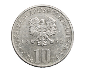 ten Polish zloty coin on a white isolated background