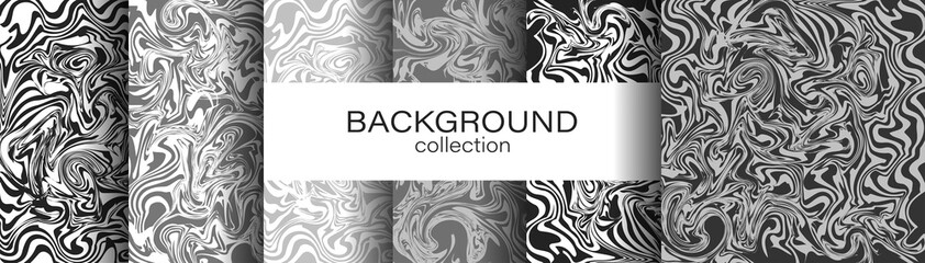 Distorted warp lines vector curve line texture background set, flat liquid stripes decorative black and white pattern collection illustration.