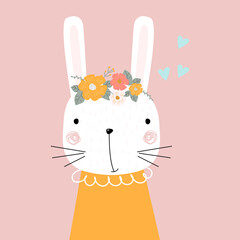 Cute pink rabbit with flowers on a white background. Vector illustration for printing on clothing, packaging paper, postcards, posters, banners. Cute baby background.