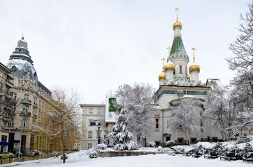 Russian Orthodox Church St. Nicholas the Wonderworker or Miracle Worker in winter, Sofia, Bulgaria, Europe  